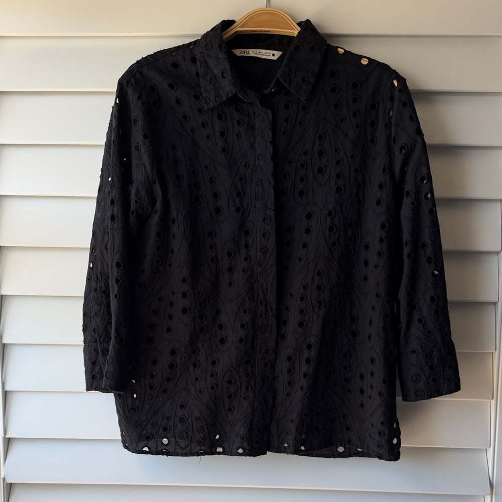 Zara 3/4 Sleeve Black Eyelet Blouse